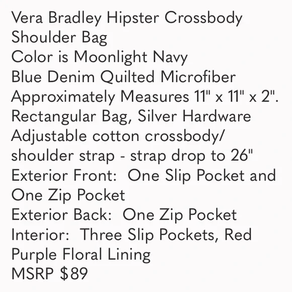 Vera Bradley NWOT Hipster Crossbody Moonlight Denim Blue Quilted  Bag. - Picture 12 of 12